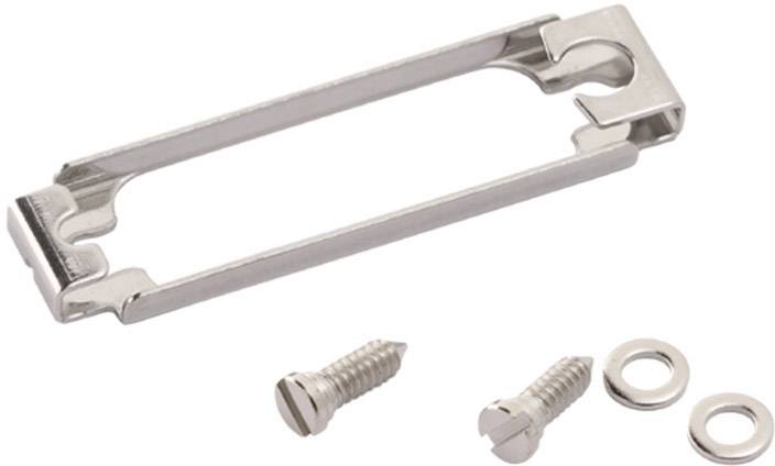 Metal clips and screws demonstrate a fastening solution, consisting of two screws, two washers and a rectangular metal bracket.