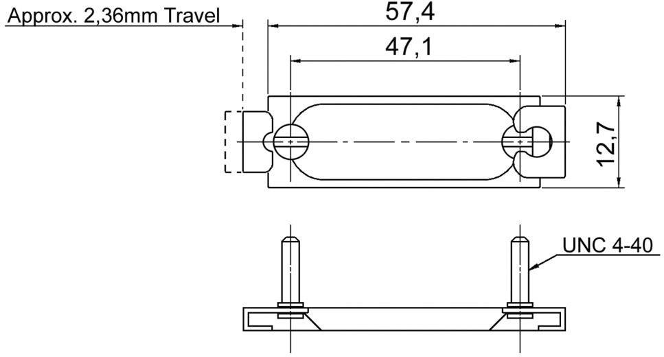 Technical drawing of a component with dimensions: 57.4 mm and 47.1 mm width, 12.7 mm height, 2.36 mm movement, UNC 4-40 screws.