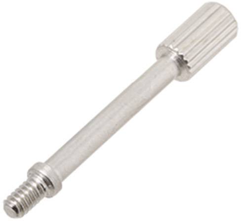 Silver-coloured metal screw with knurled head and thread.