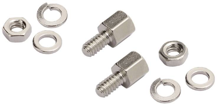 Two metal bolts with matching nuts and washers. Suitable for mechanical fastening or installation.