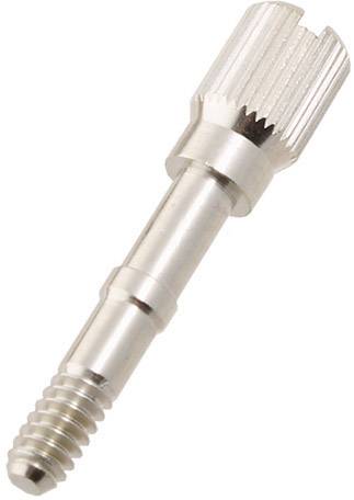 A silver metal component with a ridged head and threading at the lower end. It is likely used as a fastening element.