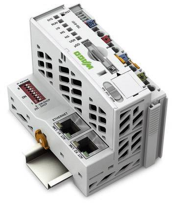 Pictured is a modular control regulator with multiple connections and a DIP switch, suitable for industrial networks.