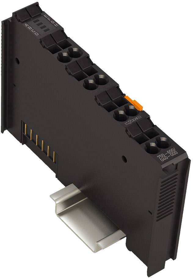 Electronic module with multiple terminal blocks, mounted on a DIN rail, top view.