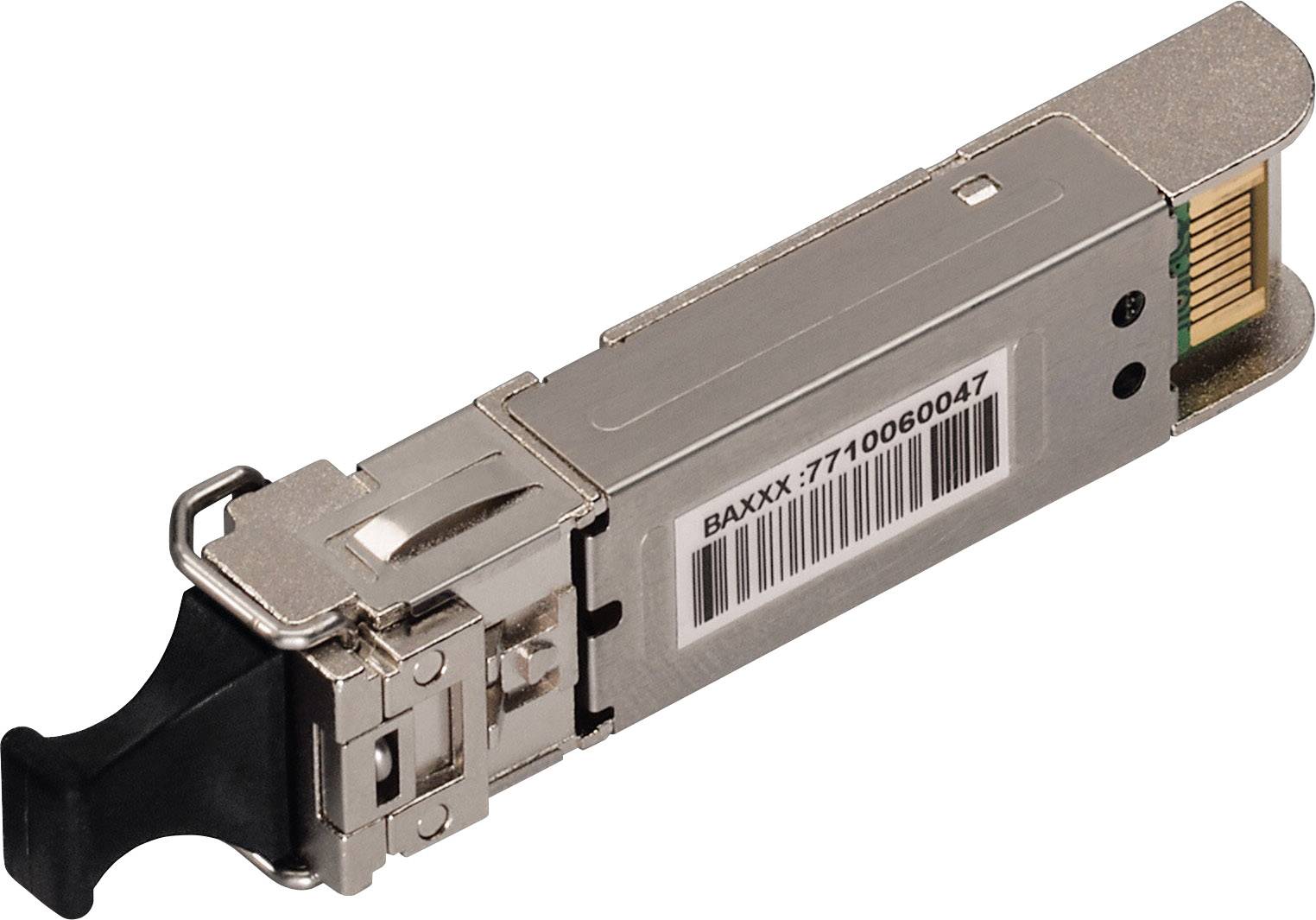 'A fibre optic SFP module with barcode and black plastic cap, used for connection in network switching devices.'