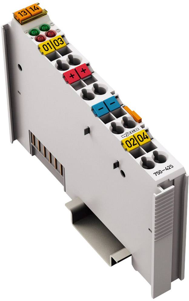 An I/O module with four double-row connectors, colour-coded and labelled with numbers and symbols for wiring.