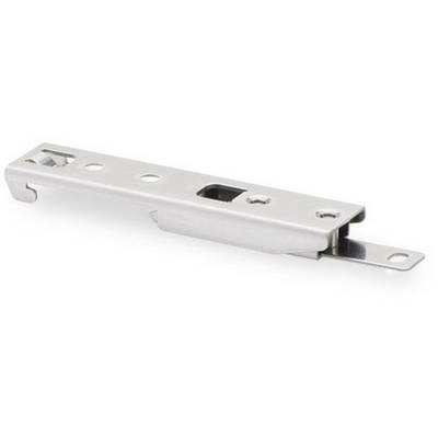 Silver hinge with multiple holes, flat rectangular shape. Commonly used to connect furniture components.