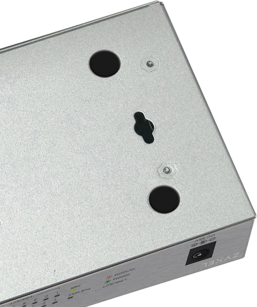 Silver electronic device with wall-mountable holes and LED indicators on the front panel for network connectivity.