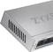 A small, silver network switch with four Ethernet ports. The brand name is embossed on the top surface.