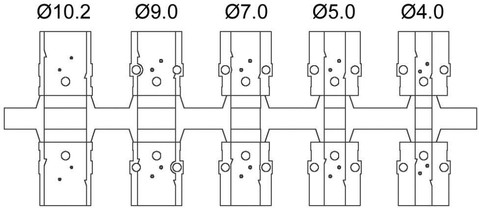 Technical drawing of a geared shaft with dimensions 'Ø10.2', 'Ø9.0', 'Ø7.0', 'Ø5.0', 'Ø4.0'. Shows hole drillings in various segments.