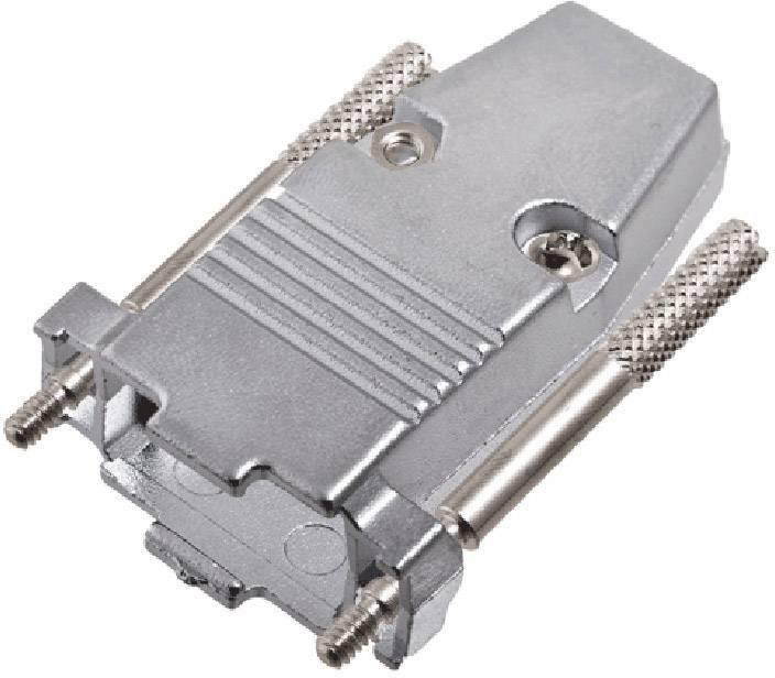 Silver D-Sub connector cover with a ribbed surface and two side screws for securing to a cable. Suitable for computer connections.
