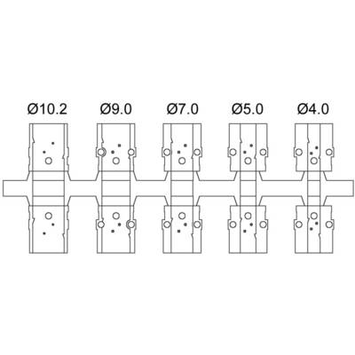 Technical drawing of five drill designations: 'Ø10.2', 'Ø9.0', 'Ø7.0', 'Ø5.0', 'Ø4.0'. Drill holes are linearly arranged.