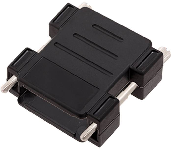 A black adapter or connector with a rectangular shape and screws on the sides.