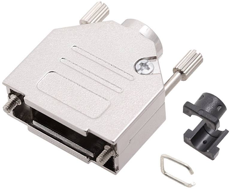 Metal plug housing with screws and cable clamp, suitable for D-Sub connectors. Robust and provides secure retention.
