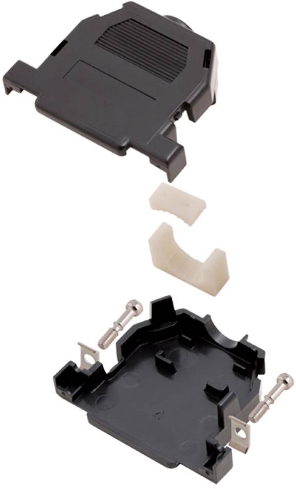 A disassembled black connector housing with visible screws and plastic components, for electronic connections.