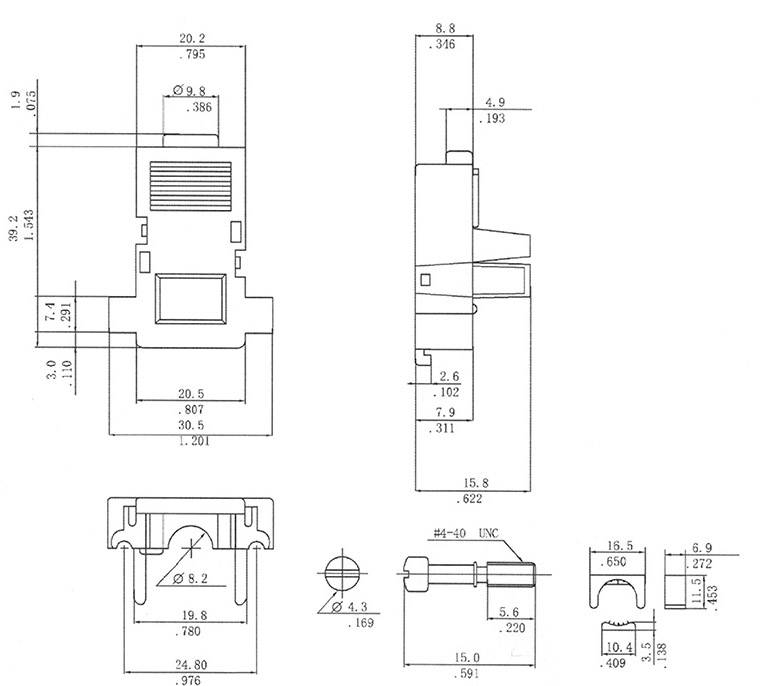 Technical drawing of a connector with dimensions in millimetres and inches. Shows front, side, top and bottom views.