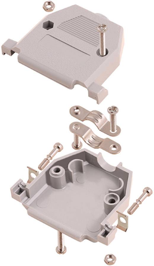 Exploded diagram of a grey enclosure with screws and mounting brackets. Illustrates the arrangement of parts for assembly.