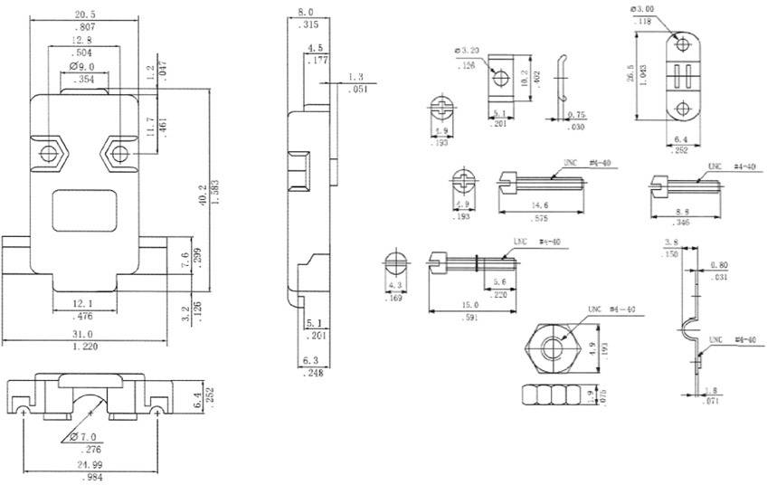 Technical drawing of an electrical switch with detailed dimensions and views, showing front, side, and top views.