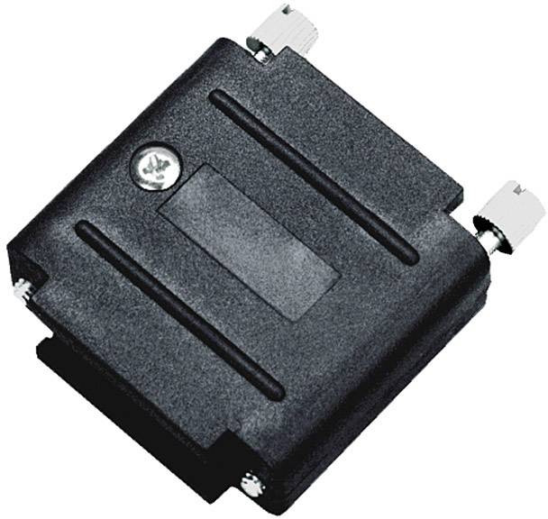 Black, rectangular plastic device with screws in two corners. Serves as a connecting or protective component in devices.