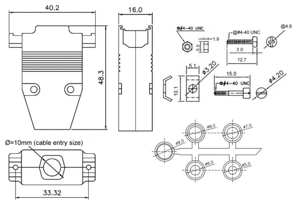 Technical drawing of a mechanical component showing dimensions and details, such as screw sizes and drilling positions.