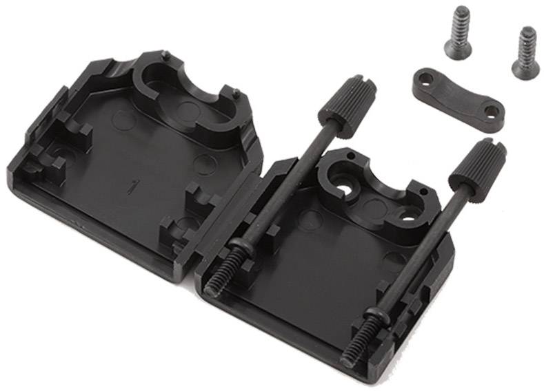 Black plastic mounting bracket with two screws and additional small parts, likely part of an assembly kit for electronic devices.