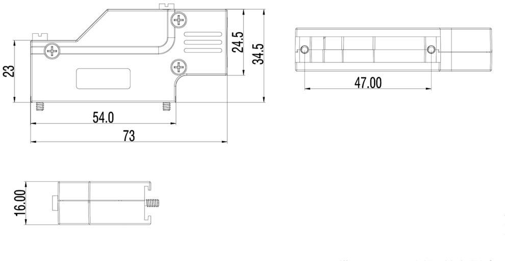 Technical drawing of a rectangular component with a side screw connection and dimensional specifications in millimetres: 73 x 23 x 34.5.