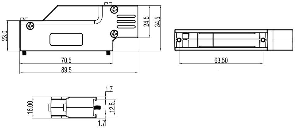 Technical drawing of an electronic device with side and top view. Dimensions are specified in millimetres.