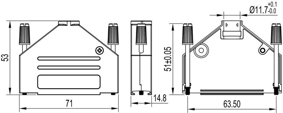Technical drawing of a mechanical component with dimensions: Height 53 mm, Width 71 mm, Depth 14.8 mm, Hole diameter 11 mm. Shows front, side, and top views.