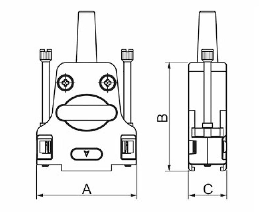 Technical drawing of a mechanical component with front and side views. Dimensions are marked with A, B, and C.