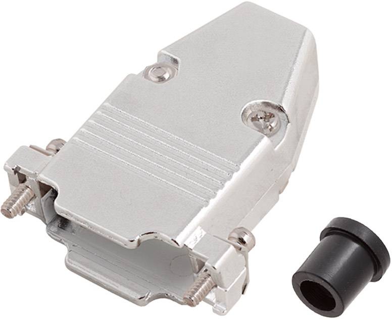 A silver, metallic connector housing with two screws and a black cable protective cap beside it on a white background.