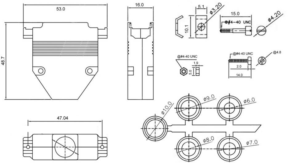 Technical drawing of a component with dimensions in millimetres. Front, side, and top views are shown. Screws and mounting points are marked.