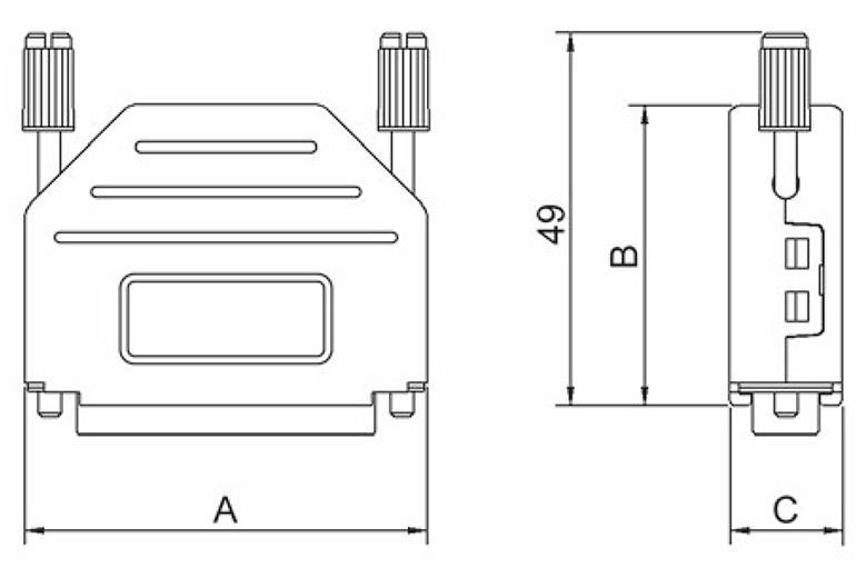 Technical drawing of an electrical plug adapter. Left: Front view. Right: Side view with height specifications of 49 mm and additional dimensions A, B, C.