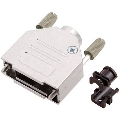 Metal plug housing with screw fastening and two cylindrical mountings, alongside a small, black plastic component.