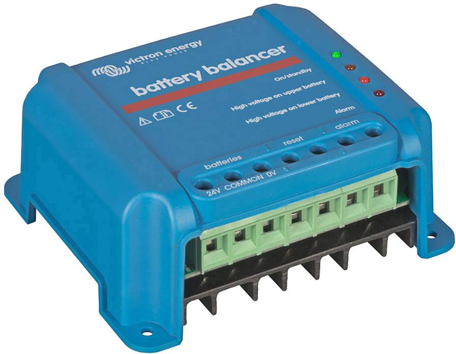 A blue battery balancer from Victron Energy with LED indicators for voltage and alarm. Front side shows connections and markings.