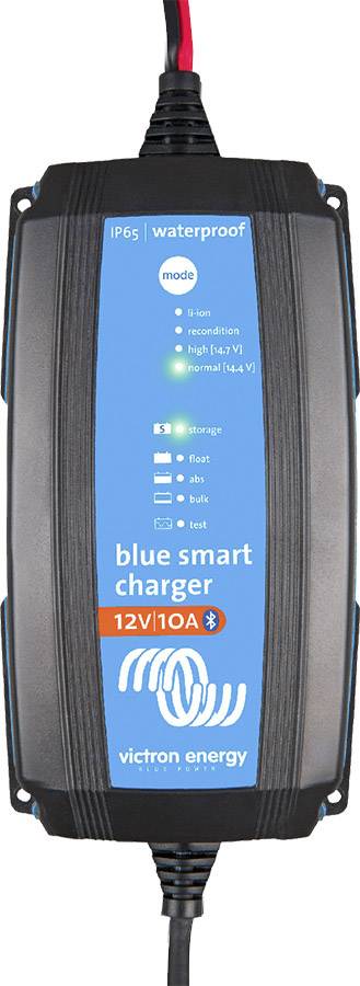 'Victron Energy battery charger, Blue Smart Charger 12V/10A model, IP65 waterproof, with Bluetooth and LEDs for charge monitoring.'