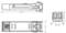 Technical drawing of an SFP module with dimensions: Length 56.6 mm, Width 13.35 mm. Views: side, top and front. Markings for TX and RX.