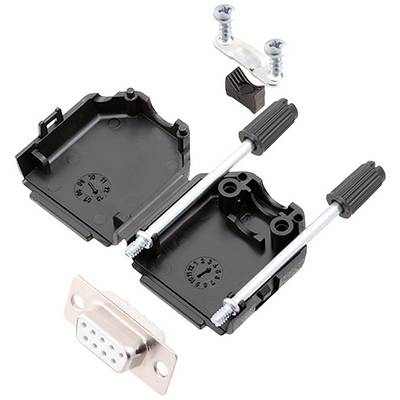 'Disassembled D-sub housing with mounting screws, a bracket and a connector. Illustrates the components of a connector.'
