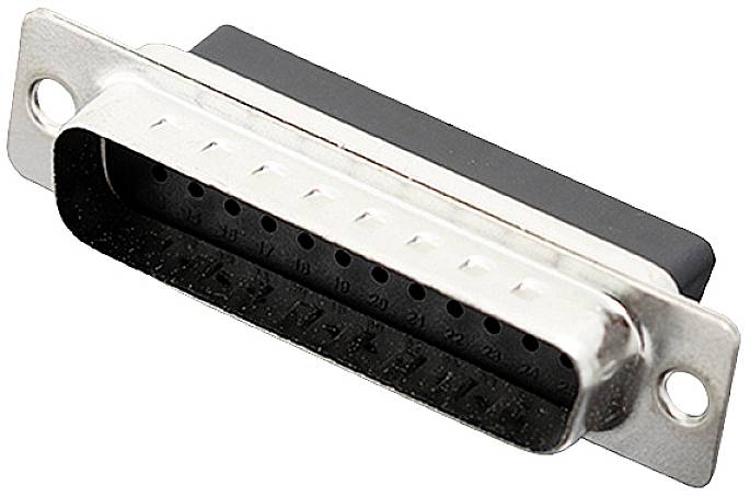 Silver-coloured parallel port plug with rectangular housing and 25 contact pins for computer connections.