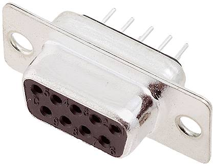 A DB9 plug with nine pins, typically used for serial connections in computer hardware, on a white surface.