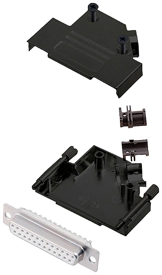 Illustrated is a disassembled D-sub housing in its individual components. At the top are two screws, below are housing parts and an insert with connector contacts.
