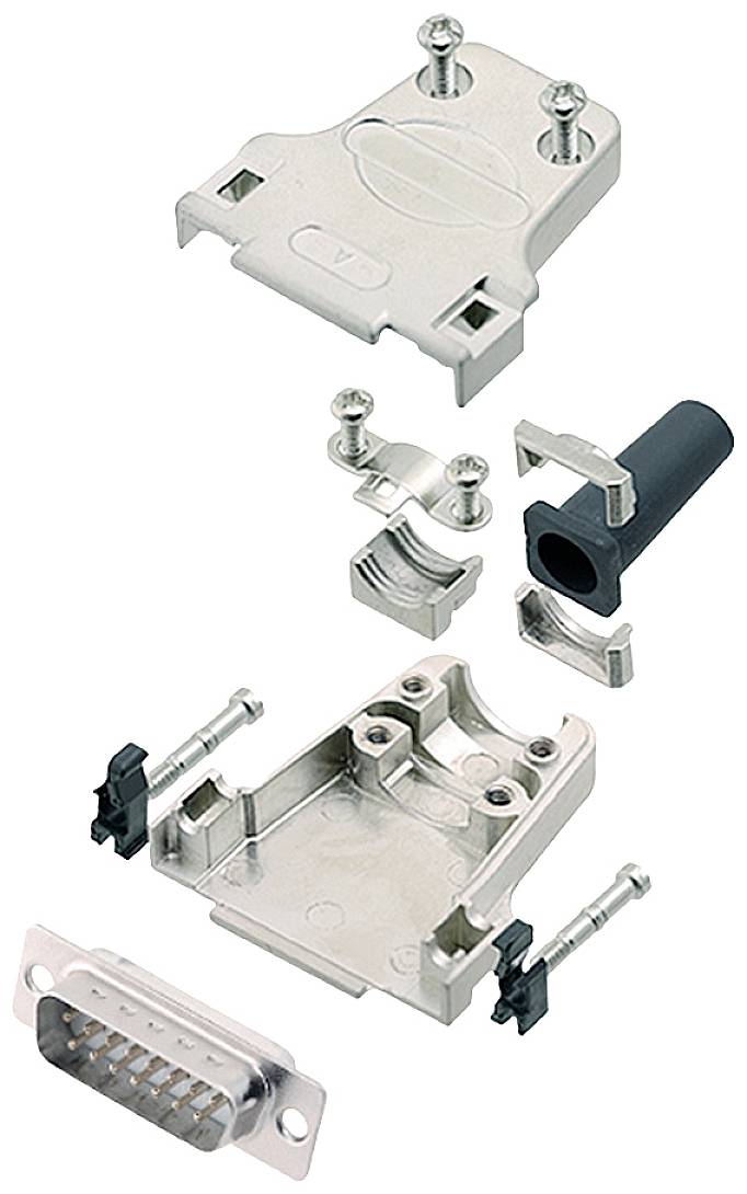 Exploded view diagram of metal D-Sub connector housing parts with screws and cable clamp. Housing is open with components visible.