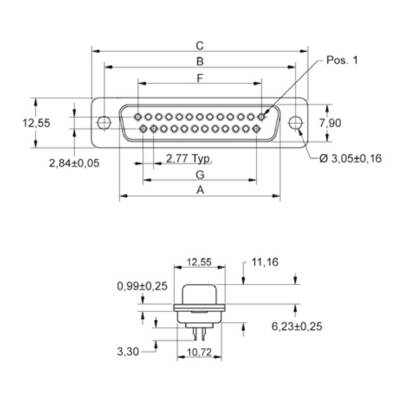 'Technical drawing of a connector with dimensions in millimetres. Shows positions and measurements of pins and connections.'