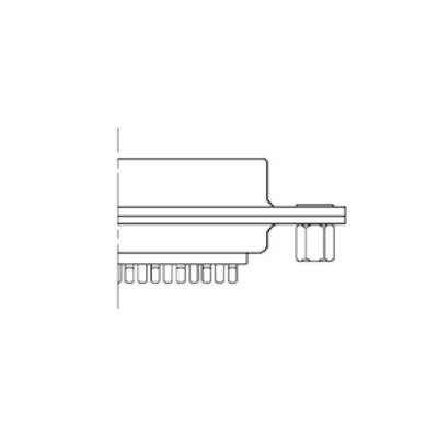 Side view of a technical component with multiple pins at the bottom and a flat top surface. It shows details of the construction.