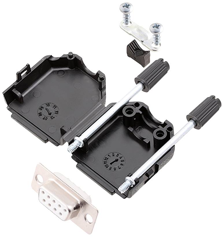 An open housing for a D-Sub connector, consisting of two black plastic parts, screws and a metal plug.