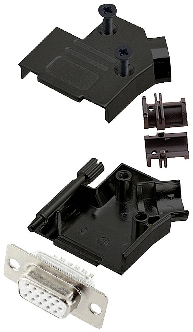 'Individual components of a VGA connector, including housing, screws and the metal connection. Shows parts for assembly.'