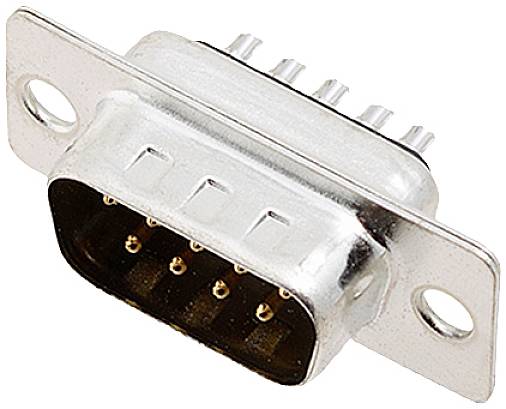 A silver, rectangular electrical plug with 9 metal pins, used for serial data connections.