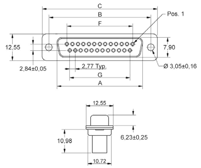 'Technical drawing of a D-sub connector, showing dimensions and measurements of the pins and housing, including tolerances.'