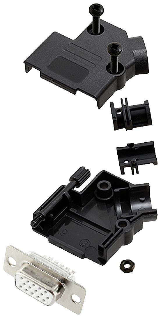 The figure shows a disassembled D-sub connector housing with screws and individual components, ready for assembly.