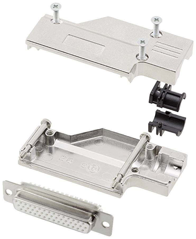 Metal socket housing opened with screws, showing internal view. Three parts: upper and lower housing halves with connections and screws, two black components.