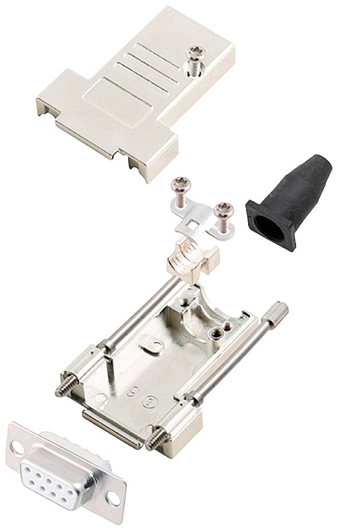 Exploded view of a D-Sub connector with housing, screws, terminals, and cable cover, showing components and arrangement.