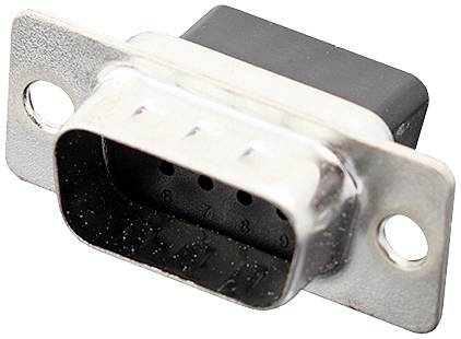 A silver and black D-sub connector with nine pins, commonly used for serial interfaces.